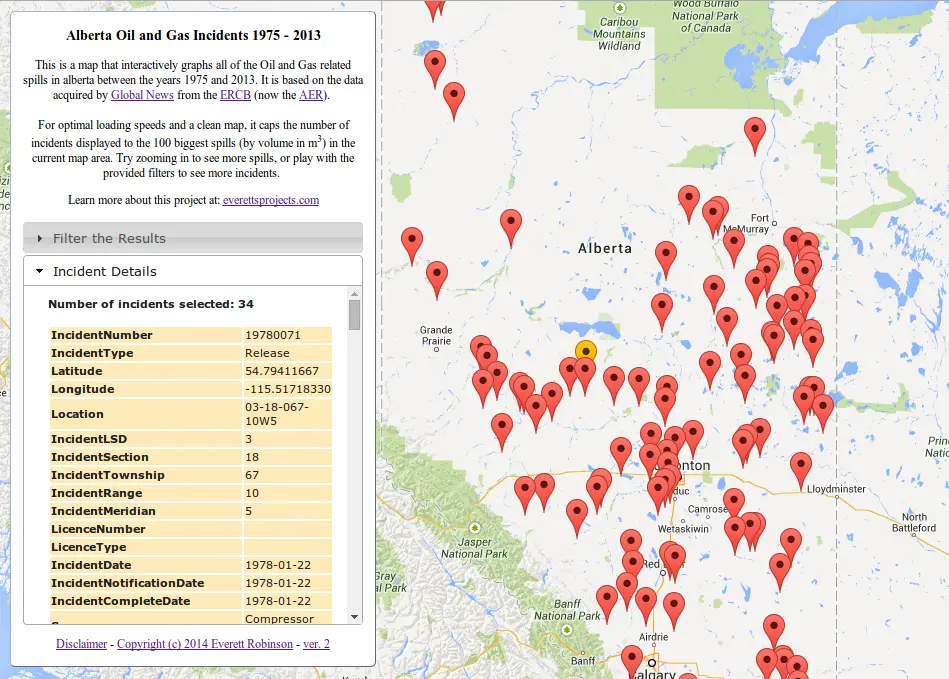 The new map, with no marker overlap and all relevant incidents displayed for a selected location