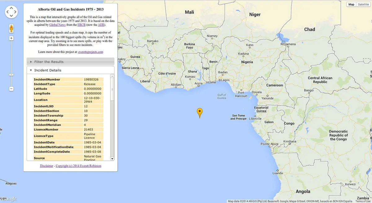 These incidents are plotted in the wrong location at Latitude: 0, Longitude: 0